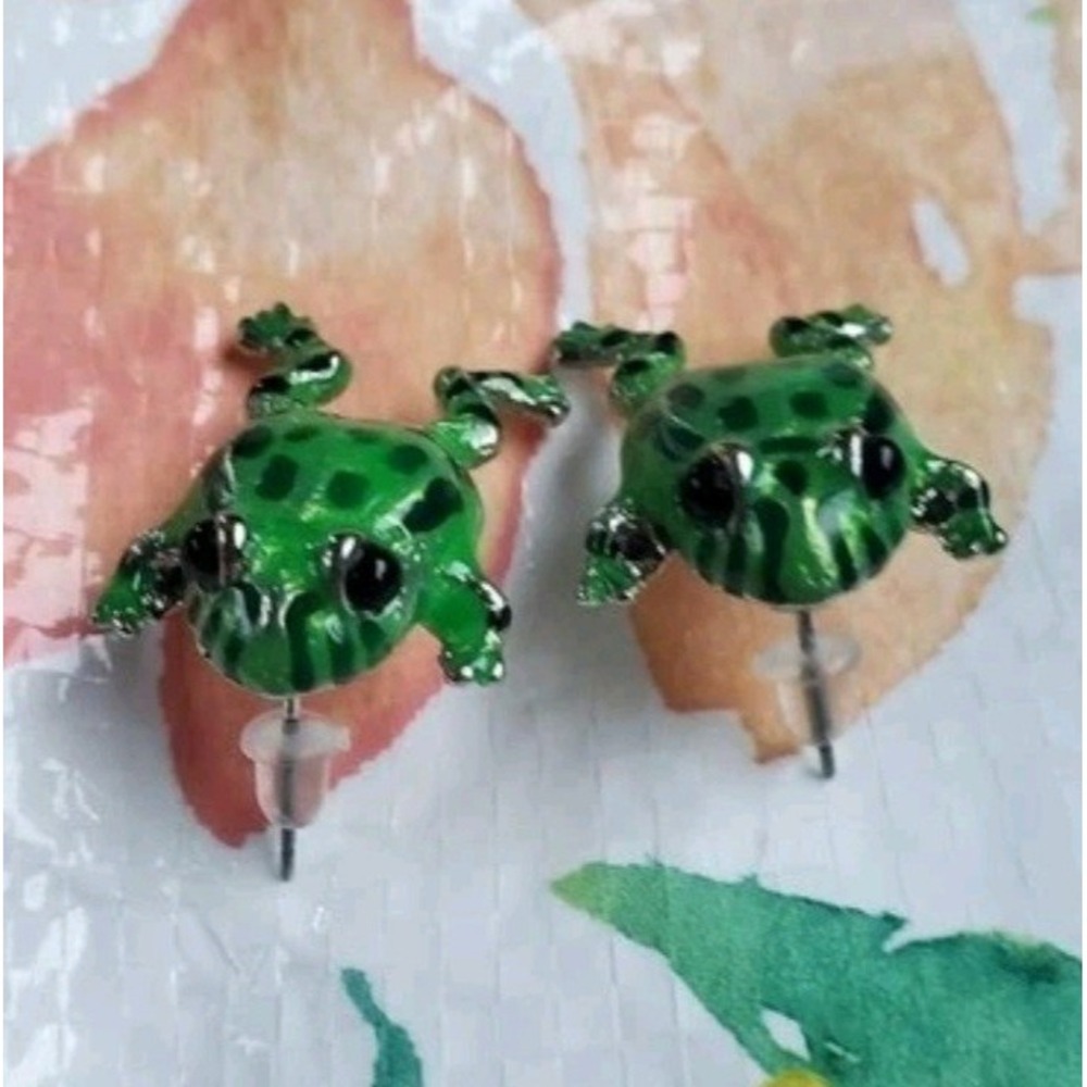 Green Frog Stud Earrings Animal Lover Jewelry Gift Cute Unique Fun Enamel